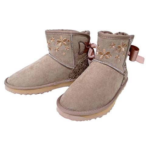 [リズリサ] 1948 レディース ショート バックリボン ムートンブーツ 花柄刺繍 (ベージュスエード, small)