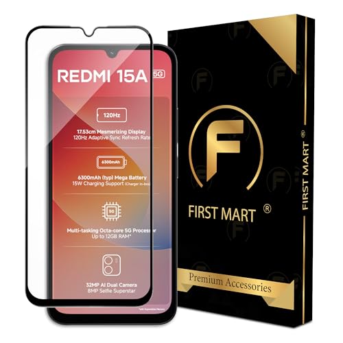 Image of FIRST MART Military-Grade Gorilla Tempered Glass For Redmi 15A (6.9 Inch) With Edge To Edge Screen Coverage and Easy Installation Kit| Black