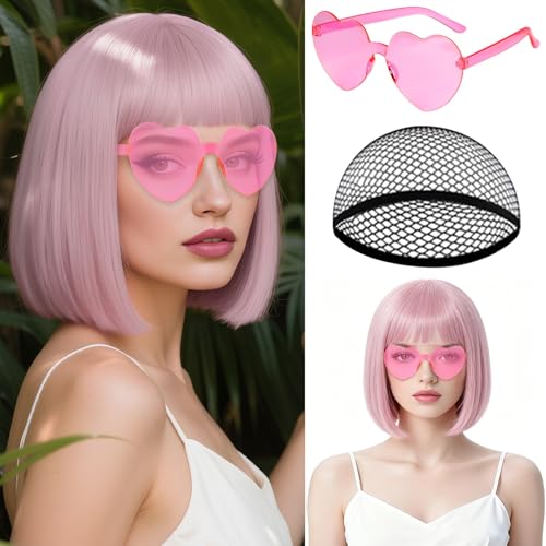 Image of MEEZY Light Pink Short Bob Wigs Straight Hair with Flat Bangs Heart Sunglasses for Women, Colorful Funny Cosplay Daily Party Neon Wig Synthetic Natural As Real Hair Carnival Halloween Costume