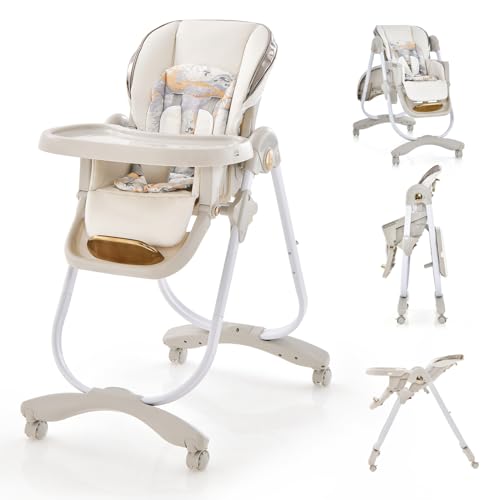HONEY JOY Baby High Chair, Foldable High Chairs for Babies and Toddlers, Adjustable Heights, Recline Backrest & Footrest, Double-Layer Tray & Cushion, Portable Infant Highchair with Wheels (Gray)