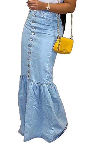 Women's Maxi Pencil Jean Skirt High Waisted Button Long Denim Skirts Plus Size (Blue, S)