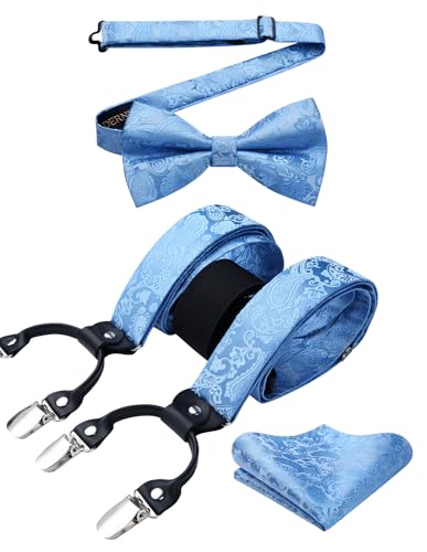 Image of HISDERN Suspenders for Men Paisley Floral Bow tie Suspender Pocket Square Sets Adjustable Y Shape 6 Clips Wedding Braces