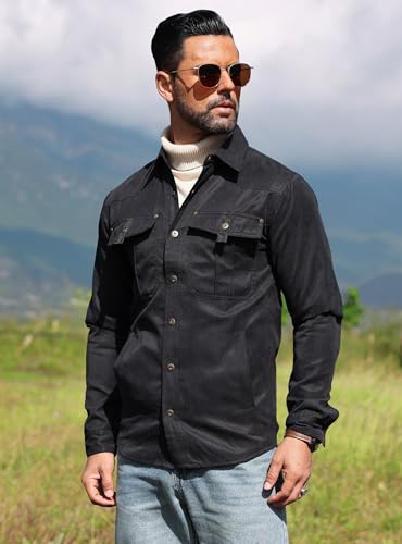 Image of Men's Shirt Jacket Shacket with Flannel Lined Casual Snap Button Overshirt Western Cowboy Jackets Fall Clothing