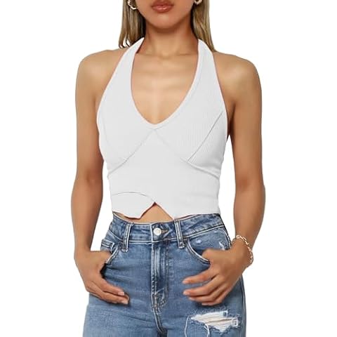 Uincloset Women's V Neck Sleeveless Tank Tops Sezy Backless Ribbed Halter Tie Crop Tops White Cover