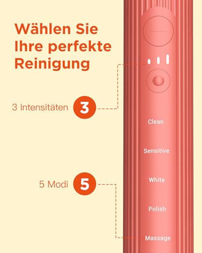 Elektrische Zahnbürste, Schallzahnbürste für Erwachsene und Kinder, Electric Toothbrush mit 5 Putzmodi 3 Intensitätsstufen Integrierter Timer und 8 Zahnbürstenköpfen, Reiseetui, Rosenrot – Bild 3