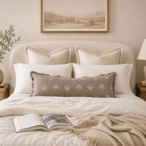 BlissBlush Long Lumbar Pillow Cover 14x36 for Bed, Taupe Velvet Decorative Lumbar Pillow Cover, Floral Accent Cushion Cover with Embroidery and Scalloped Edge for Couch Sofa Bed, Cover ONLY - image 8