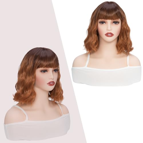 Image of Rose bud Wavy Bob Wig Ombre Orange Natural Wig Synthetic Hair Shoulder Length Short Curly Wigs for Women