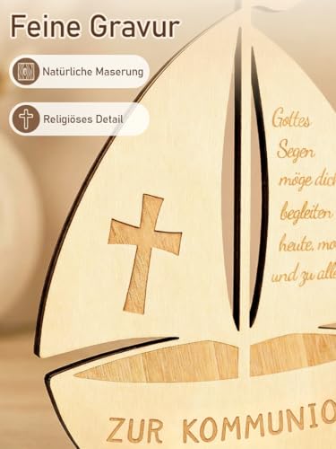 Leboria Geldgeschenk Kommunion Geschenke Deko mit LED, Kreatives Erstkommunion Geschenke Holz Boot mit Basis für Mädchen Jungen - Zur Kommunion