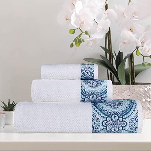 Superior Medallion 100% Turkish Cotton 530 Gsm Highly Absorbent 3-Piece Towel Set, Jacquard Towels, Decorative Design, 1 Bath, 1 Hand, And 1 Face Towel For Guest Or Master Bathroom, White/Aqua #TOP1