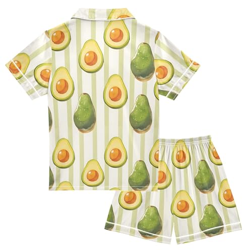 ALAZA Cartoon Avocado Striped Green Satin Pajamas Set Short Sleeve Button Down Sleepwear Summer Pjs 2 Piece2