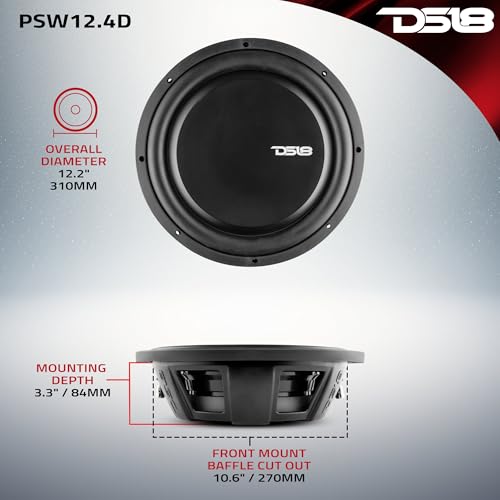 Ds18 Psw12.4D 12 Inch Shallow Mount Subwoofer 1200 Watts Max Power 600 Watts Rms Dual Voice Coil 4+4 Ohms Water Resistant thumb #3
