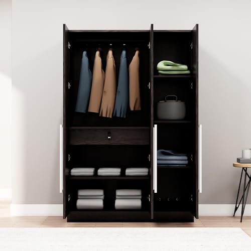 Image of Bniture 3 Door Wardrobe for Bedroom with Lockable Door & Hanging Space | Almirah for Clothes with Elevated Bottom Base | Wardrobe for Storage Cupboard | 3 Years Warranty (Flower Wenge, 3 Door)