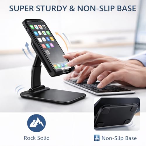 Image of Mizi Portable Cell Phone Stand for Desk - Height & Angle Adjustable Mobile Foldable Holder, Compatible with iPhone 17 16 15 14 13 12 11 Pro Max, Galaxy S25 S24, All 4-10 inch Devices - Black
