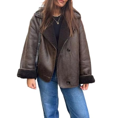 Genérico Chaqueta oversize de piel sintética con forro polar para mujer – Abrigo corto de invierno con solapa de borreguillo
