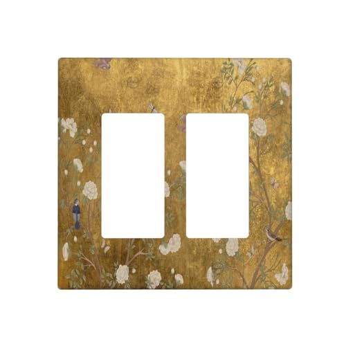 Decorative Outlet Covers Vintage White Flowers Birds on Golden Background 2 Gang Light Switch Cover Plate Double Rocker Wall Plate Switch Plate Covers Faceplate for Home Decor
