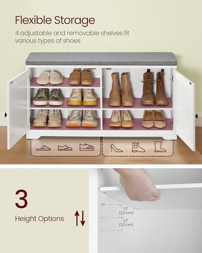 Image of VASAGLE Shoe Storage Bench with Cushion, 3-Tier Entryway Bench with Padded Seat, Doors, Adjustable Shelves, 14 x 39.8 x 20.7 Inches, for Hallway, Bedroom, Cloud White and Dove Gray ULSB044W01