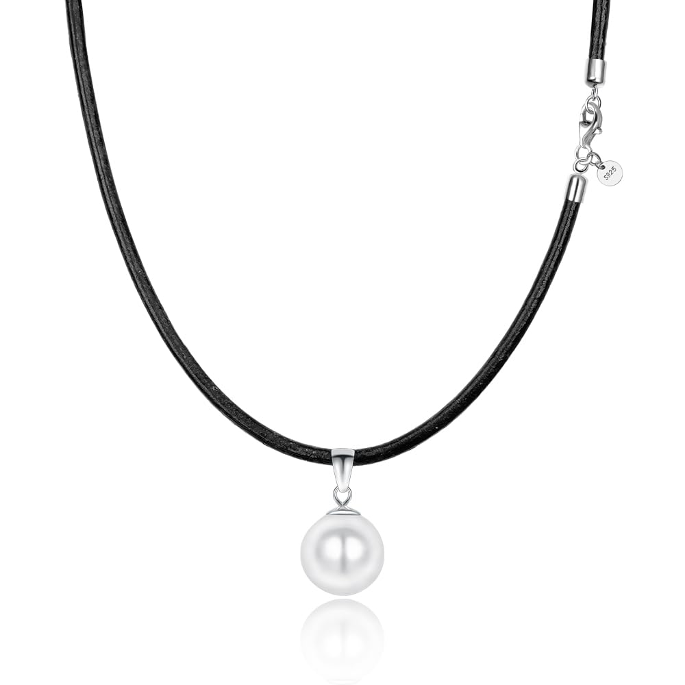 Perlen Leder Halskette für Damen Echtes Leder 45 cm 925er Silber Verschluss Anhänger Kette 12 mm runde Naturperle Muschelperle