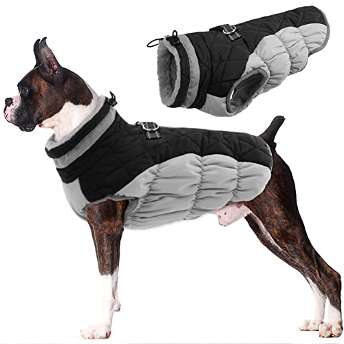 Image of Lelepet Dog Coat Warm Dog Winter Coat Waterproof Dogs Jacket with Harness | Reflective Pet Fleece Vest Zip-Up Cold Weather Coats for Large Dogs Turtleneck & Windproof Coats Boston Terrier Black Large