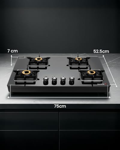 Image of Sujata Premium Gas Stove Auto Ignition | 9 Years Warranty | Gas Stove 4 Burners Glass Top, SABAF, ISI Certified, LPG & PNG Compatible, 360 Rotating Brass Gas Nozzle, Jumbo Brass Burner (Black)