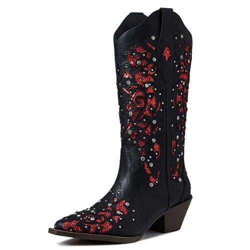 Tscoyuki Women's Rhinestones Western Knee High Boots, Embroidery Pointed Toe Chunky Block Heel Cowboy Cowgirl Mid Calf Boots with Pull On Taps