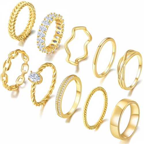 PLOMFOV Gold Plated Stackable Rings - Wedding Bands & Eternity Rings, Dainty 14K Gold Plated, Thin & Simple, Trendy Thumb Stacking Ring Pack (Size 12/11/10/9/8/7/6/5/4)