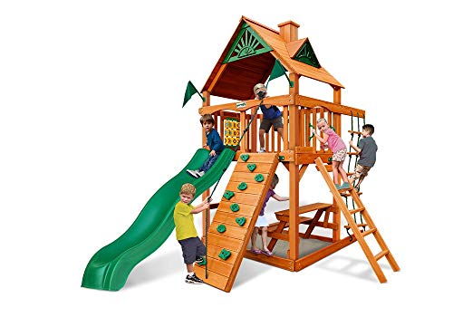 Gorilla Playsets 01-0061-AP Chateau Tower Wooden Play Tower with Wood Roof, Slide, and Climbing Wall, Brown