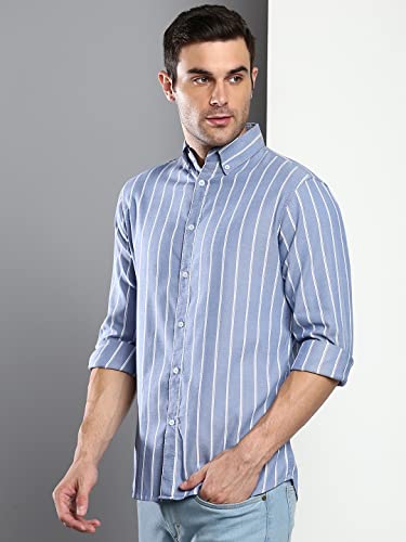 Image of Dennis Lingo Men's Striped Slim Fit Oxford Cotton Casual Shirt with Button Down Collar & Full Sleeves