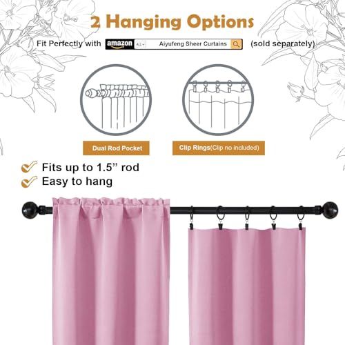 Image of Aiyufeng Pink Blackout Curtains for Bedroom 63 Inch Length 2 Panels, Solid Thermal Insulated Energy Saving Rod Pocket Window Treatment Curtains Blackout Drapes, W40 x L63 Inch,Pink