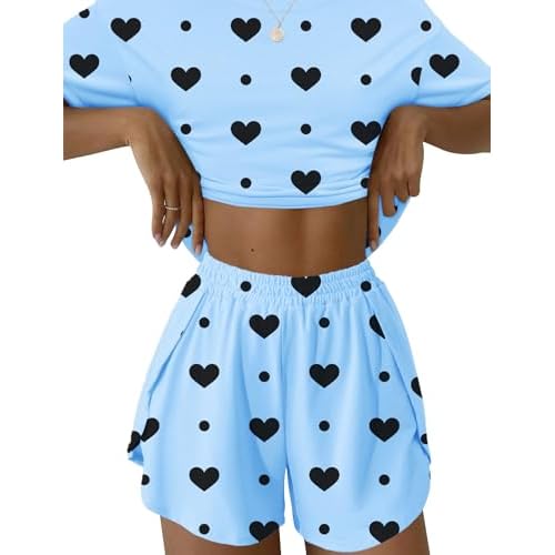 Kistore Summer 2 Piece Pajamas Sets Short Sleeve Sleepwear Pjs Lounge Split Short Sets C-blue Black Heart XX-Large