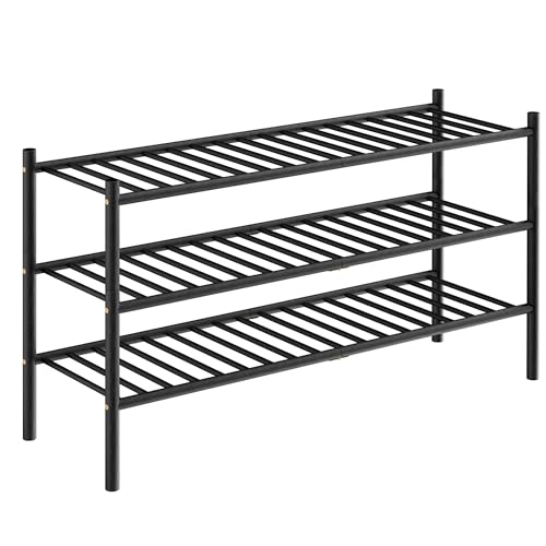 3-Tier Bamboo Long Shoe Rack, Free Standing Wood Shoe Shelf Storage Organizer for Closet Entryway Stackable 35"x11"x20" (Black)