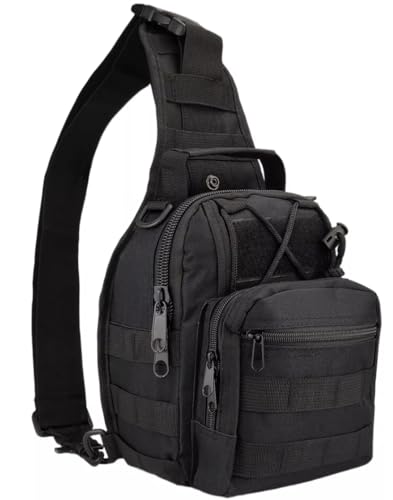 Bolsa Tática Transversal Militar, Preta, com Alça Ajustável e Múltiplos Compartimentos, Sistema MOLL