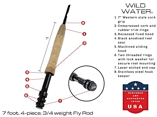 Wild Water Fly Fishing Fly Rod 3/4 Weight, 7 Foot, 4-Piece #TOP2