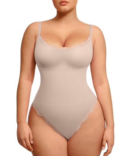 Lover-Beauty Lace Shapewear Bodysuits for Women Tummy Control Breathable Thong Seamless with Removable Cups Beige Medium-Large
