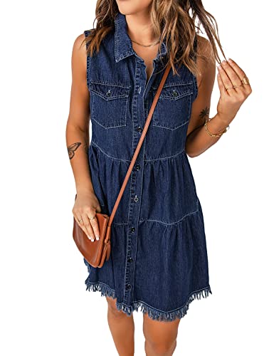 Image of luvamia Women's Casual Summer Lapel Sleeveless Button Down Short Denim Jean Dress