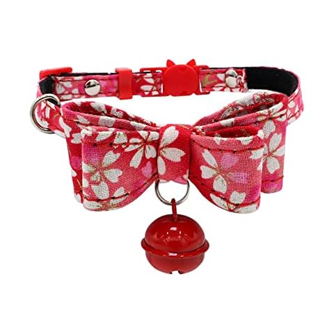 KANGKAI Cat head safety buckle and wind cat collar with bell small dog chain printed pet collar bow RED Cover