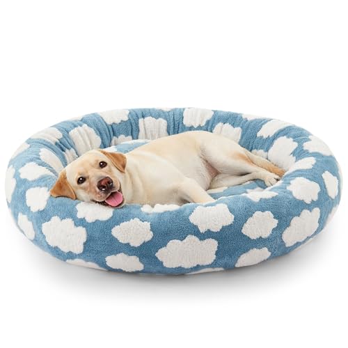 JOEJOY Donut Large Dog Bed, Cute Round Calming Dog Bed with Removable Washable Cover, Orthopedic Pet Beds with Jacquard Shaggy Plush & Non Skid Bottom, Black