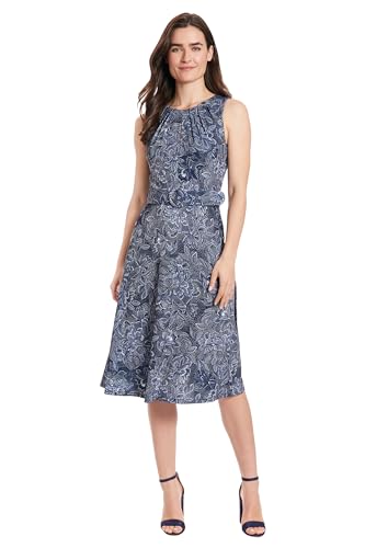 London Times Women's Dresses Sleeveless Jersey Keyhole Belted Midi Dress, Navy/Ivory, 6