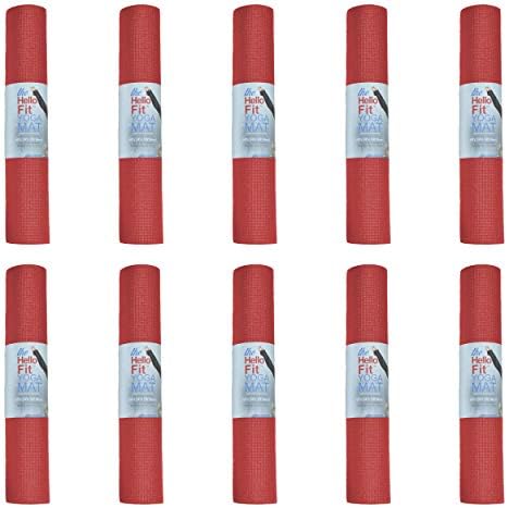 Hello Fit Yoga Mats, Bulk 10 Pack. 68x24x1/8 inches, Affordable Exercise Gym Mats with Non-Slip Texture, Easy to Clean, Red