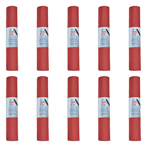 Hello Fit Yoga Mats, Bulk 10 Pack. 68X24X1/8 Inches, Affordable Exercise Gym Mats With Non-Slip Texture, Easy To Clean, Red #TOP1