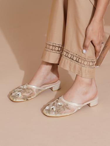 Image of TRYME Embellished Block Heel Mules for Women | Elegant Slip On Dress Sandals | Comfortable Fashion Heels for Casual, Wedding & Evening Occasions