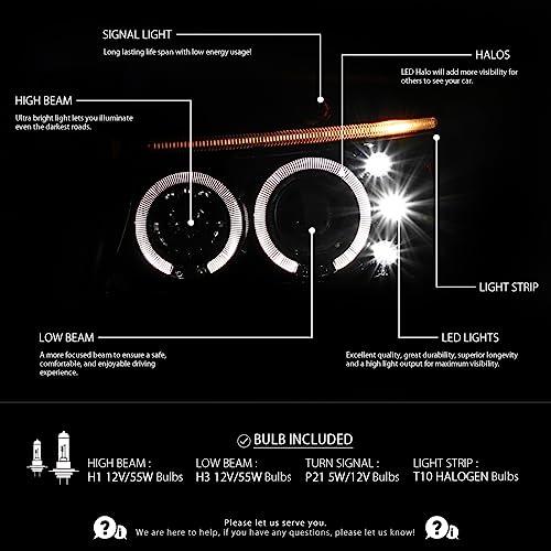 Autozensation Compatible With 1997-2004 Dodge Dakota 1998-2003 Dodge Durango Led Dual Halo Jet Black Projector Headlights L + R Pair Headlamp #TOP1
