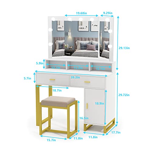 Pakasept Vanity Set With Lights, Makeup Vanity Desk With Tri-Fold Mirror, Dresser Table With 2 Drawer And Storage Cabinet, Cushioned Stool For Women Girls White #TOP3