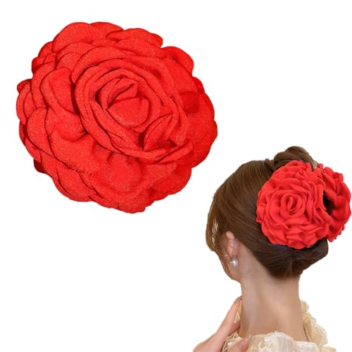 ヘアクリップ 大きめ バンスクリップ しっかりとまる クリップ 髪留め クリップ リボン 花 おしゃれ ヘアアクセサリー オフィス 結婚式 出掛け お風呂 誕生日 通勤 濃密な髪も使用可能 贈り物 レディース (赤)