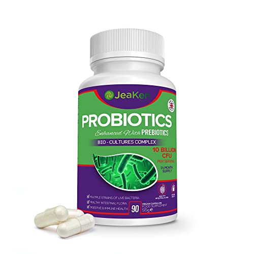 JeaKen - Probiotiques avec Prébiotiques - Complexe de Bioculture Avancé 10 Milliards CFU avec 6 Souches Bactériennes Actives - Santé Intestinale pour Femme et Homme - 90 Gélules Vegan Cover