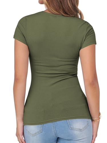 Image of Albe Rita Women Short Sleeve T-Shirt Cap V Neck Shirts for Women Ribbed Casual Top Knit Slim Fit for Summer