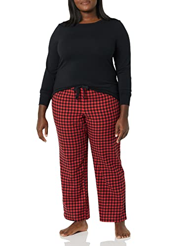 Amazon Essentials Conjunto para Dormir Ligero con Pantalón de Franela y Camiseta de Manga Larga Mujer, Rojo/Negro, Cuadros de Vichy, XL