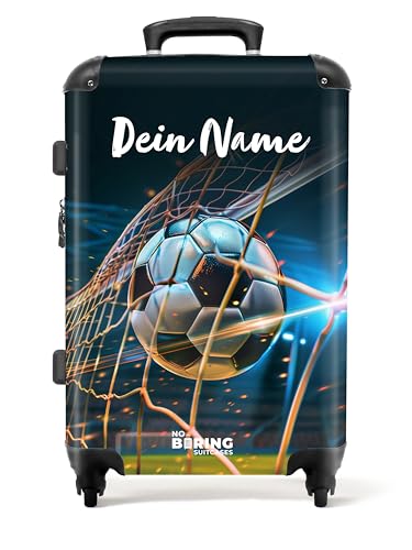 NoBoringSuitcases.com Koffer, Kinderkoffer Personalisiert, Großkoffer, Kinderkoffer Jungen, Koffer TSA Schloss, Rollkoffer, Mittelgroßkoffer (Fußball - Dunkelblau, 67 cm - 72 L)