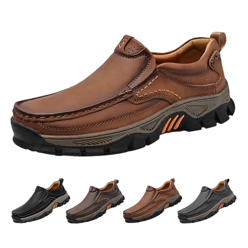 Men's Outdoor Slip On Loafers,Comfort Hand-Stitching Leather Elastic Non-Slip Arch Support Travel Hiking Walking Shoes