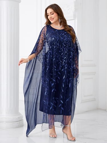 Image of Plus Size Sparkly Formal Evening Gown Sequin Cape Overlay Mother of Bride Dress Wedding Guest Cocktail Party