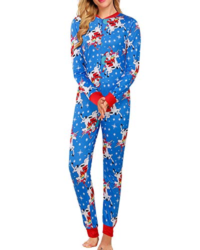 BONESUN Women's Printed Pajamas Adult Onesies Sleepwear Long Sleeve Jumpsuits Loungewear Navy Blue